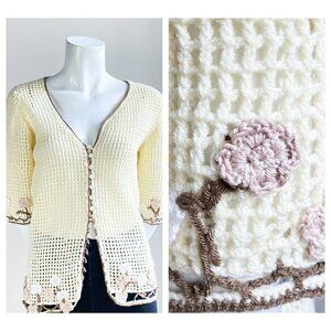 Vintage Ivory Crochet Floral Detail Pearl Button Closure Open Knit Top S